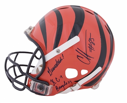 2003 Chad Johnson Game Used & Signed Cincinnati Bengals Helmet Photo Matched To 3 Games (Johnson LOA & Beckett)
